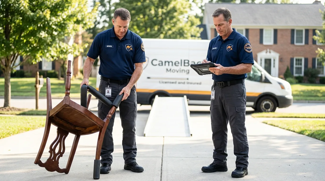 Movers inspecting furniture for damage prevention before loading in Eureka, NV